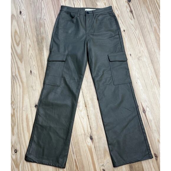 Tgla Womens Vegan Leather Cargo Straight Leg Olive Green Pants New Size 5/27 - Picture 1 of 6